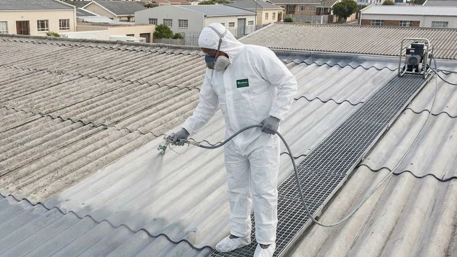 Worker in protective coveralls applying grey coating to an intact Big Six-profile roof