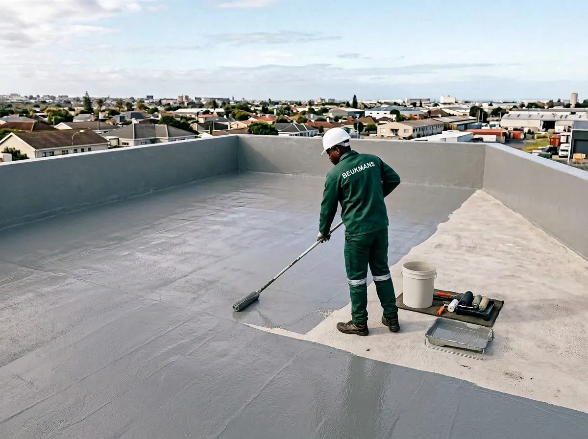 Worker rolling rubber waterproofing onto a flat concrete roof slab