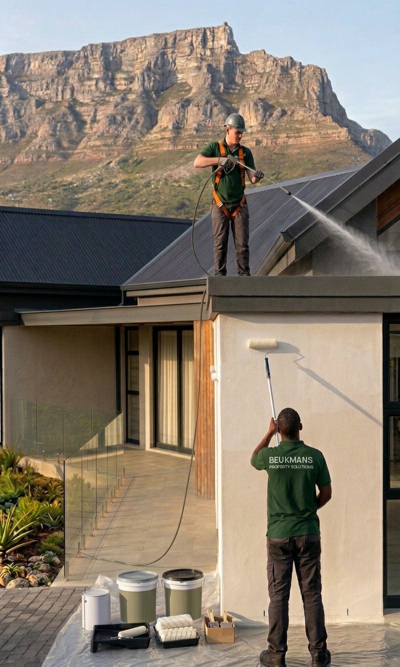 Worker pressure-washing a non-asbestos metal roof with Table Mountain behind a house while another paints an exterior wall