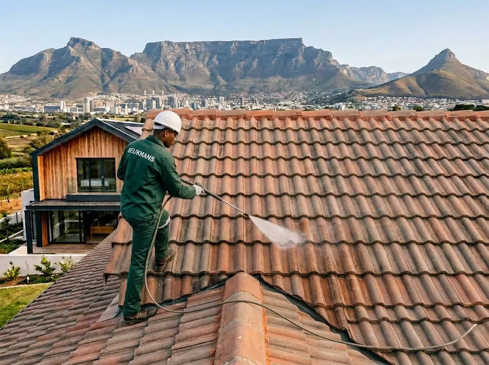 Worker pressure-washing a non-asbestos tiled roof with Table Mountain behind
